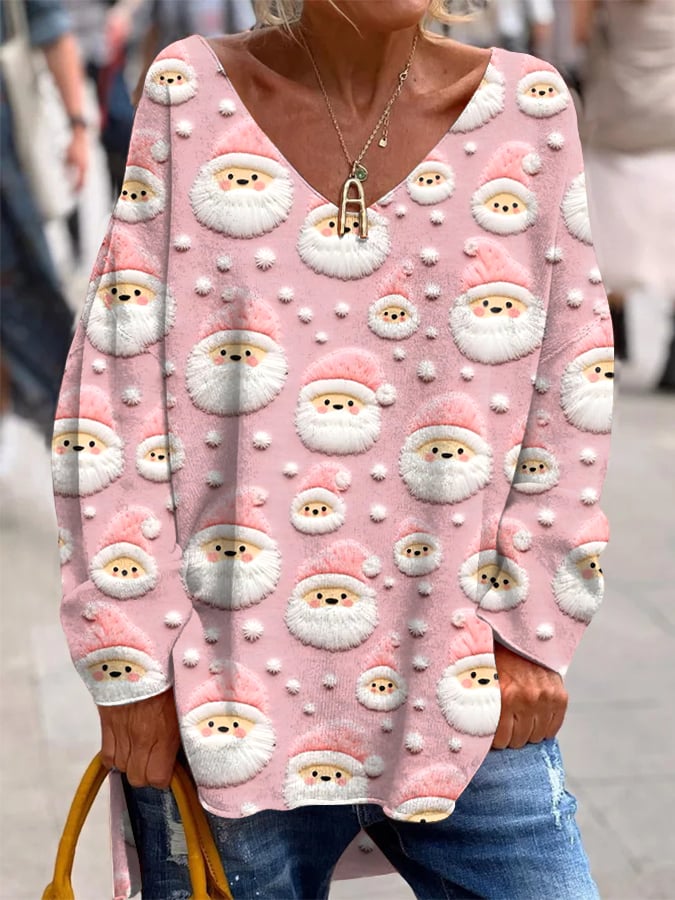 Women's Santa Print French Cashmere V-Neck Top
